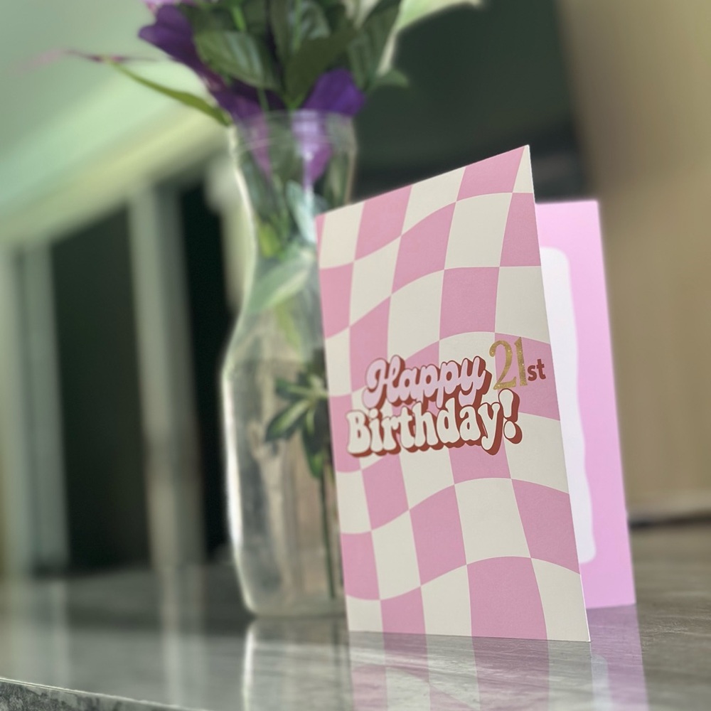 Pink and White Checkered Birthday Card
